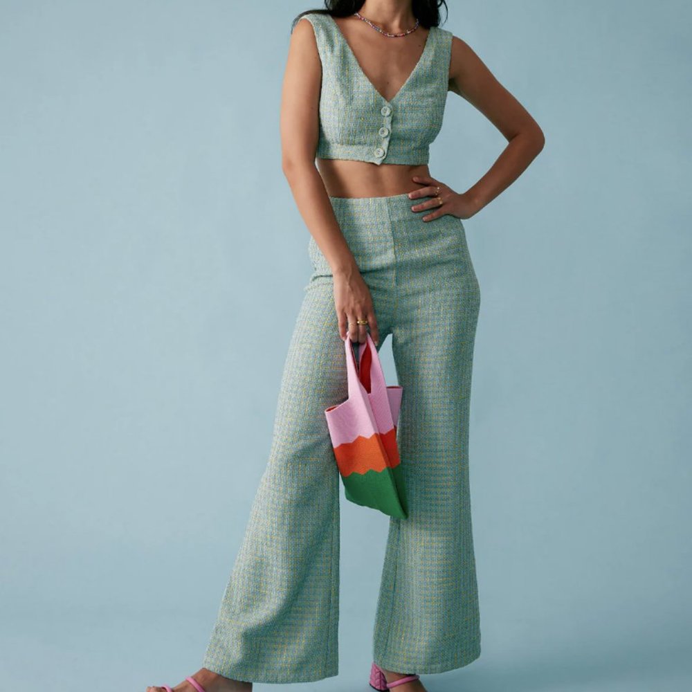 Plaid Blue Crop Top (Small) AND Flared Pants (Medium)